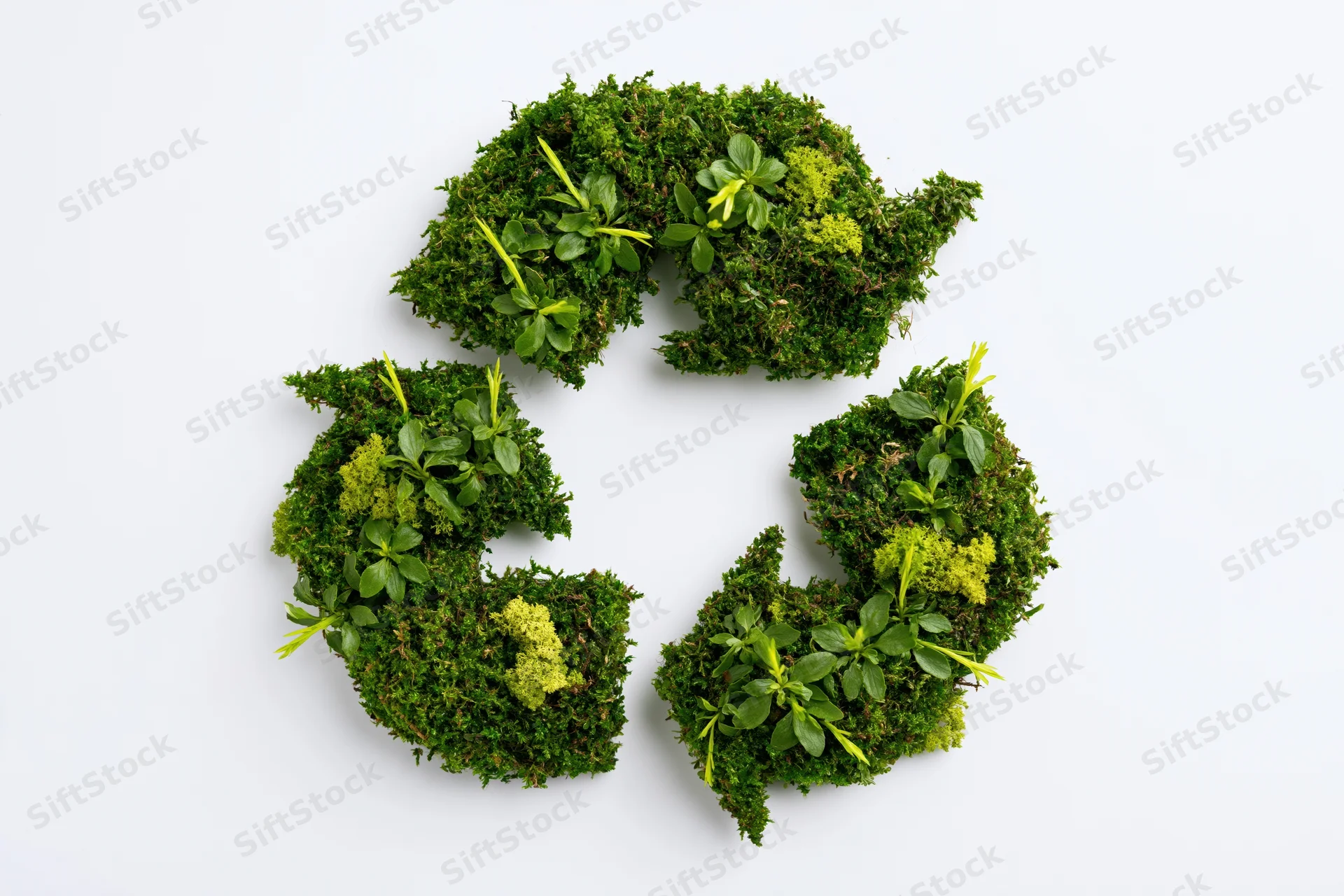 Recycling symbol made of green moss and plants on white background