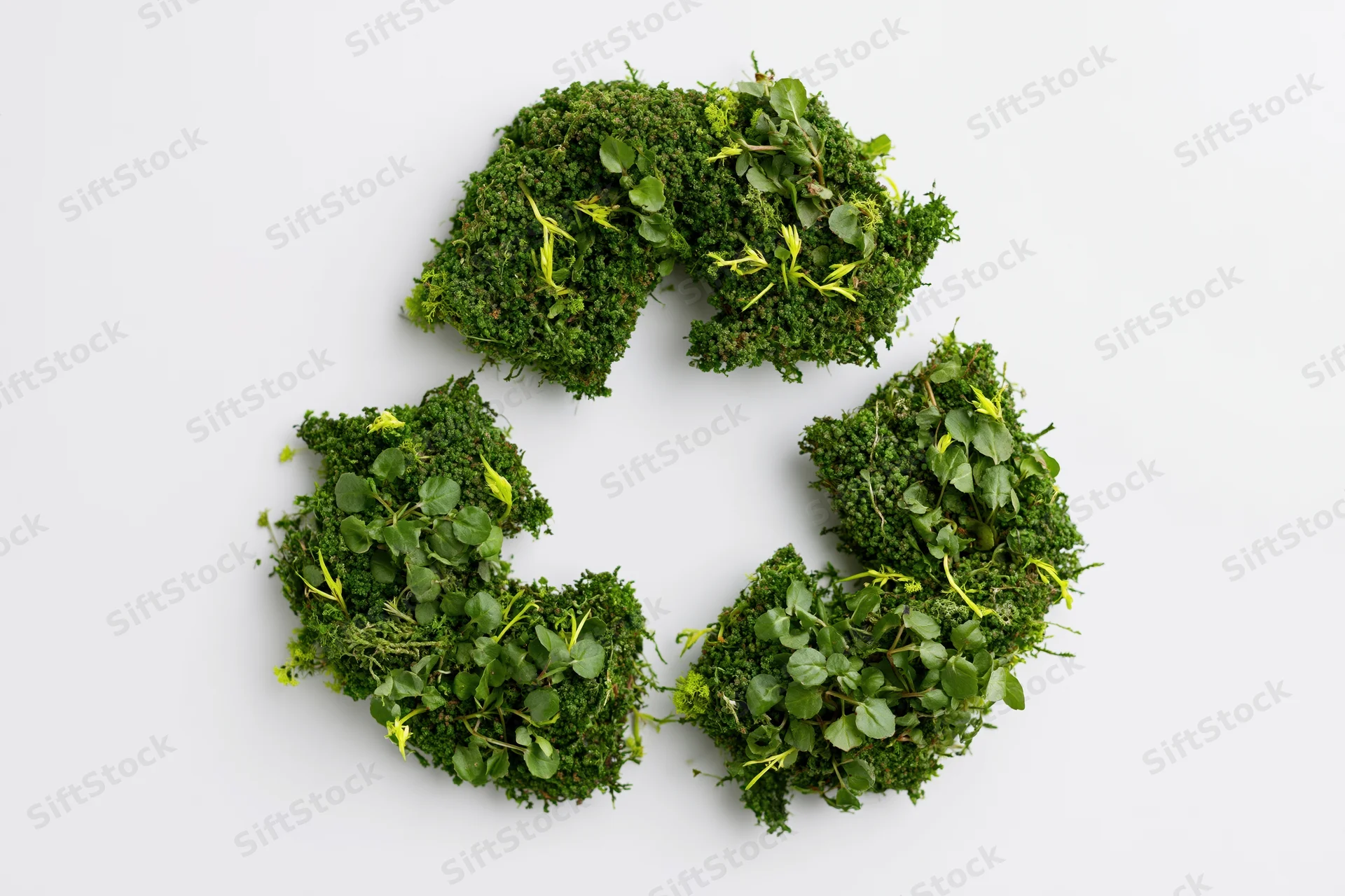 Recycling symbol made of green moss and plants on white background