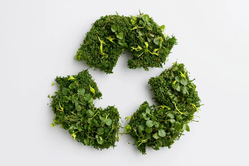 Recycling symbol made of green moss and plants on white background