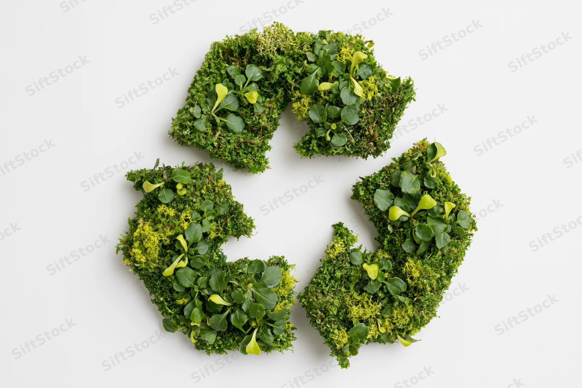 Recycling symbol made of green moss and plants on white background