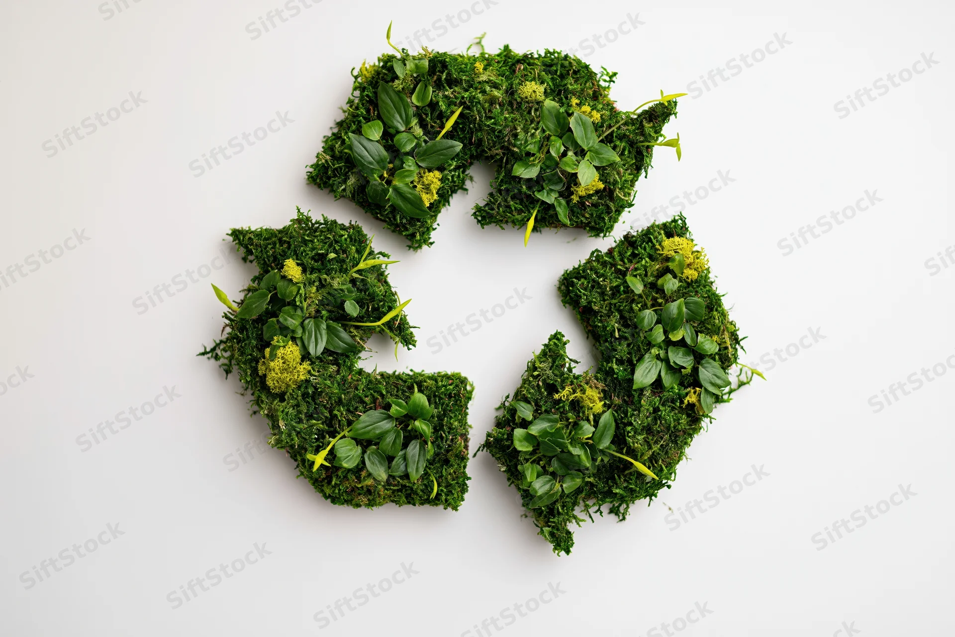 Recycling symbol made of green moss and leaves on white background