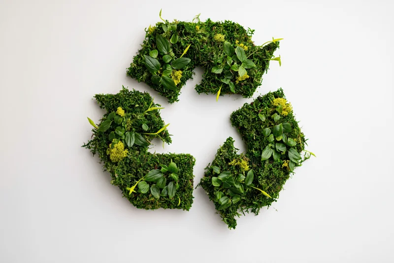Recycling symbol made of green moss and leaves on white background