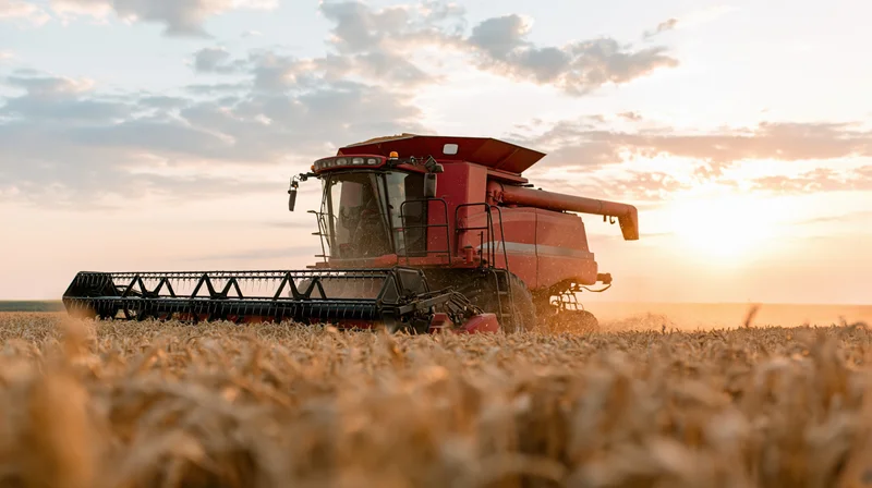 Red combine harvester harvesting wheat in a field at sunset