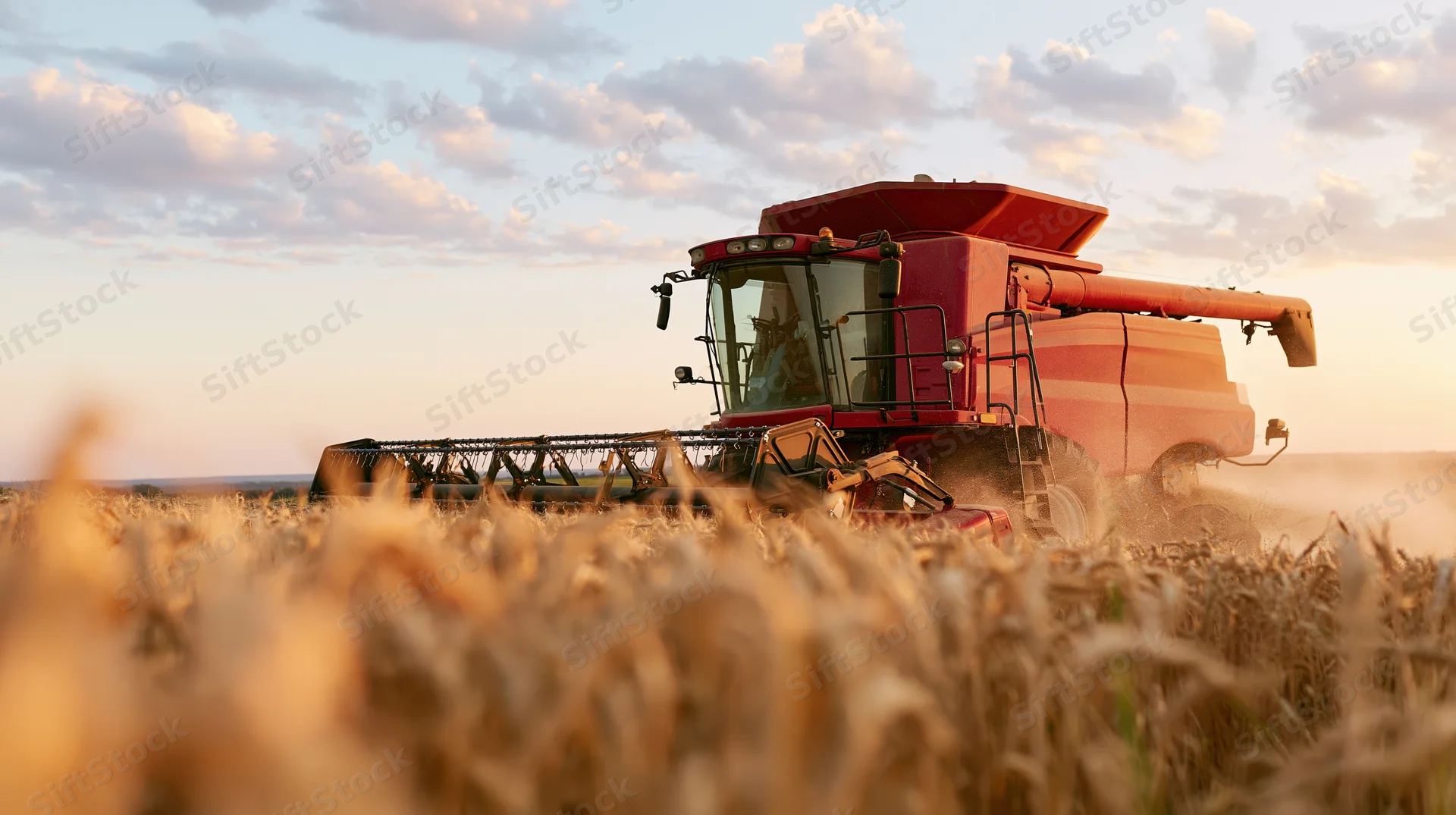 Red combine harvester harvesting wheat in a field at sunset