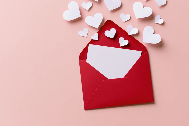 Open red envelope with white paper hearts emerging on pastel pink surface