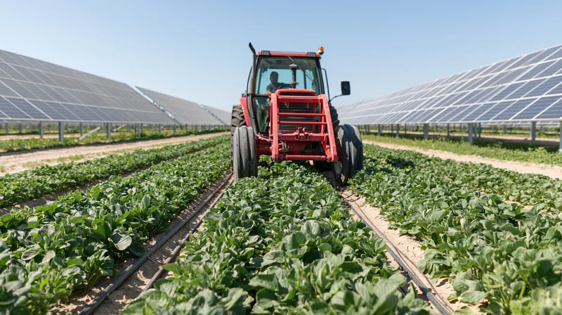 Red tractor driving between rows of green crops in a solar-powered farm field