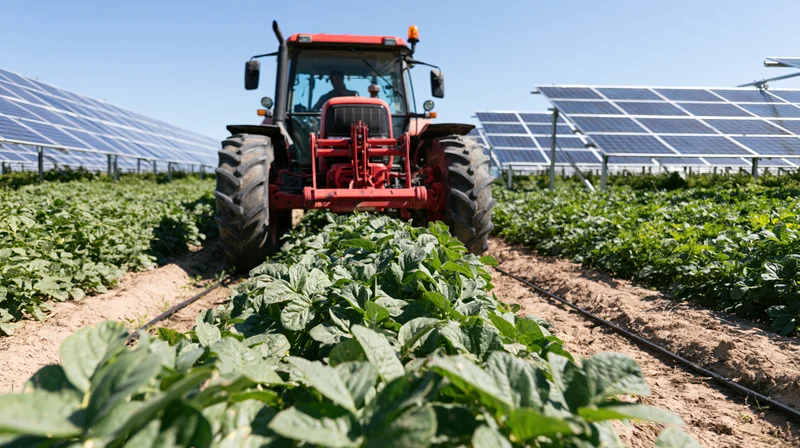 Red tractor driving between rows of green crops in a solar-powered farm field