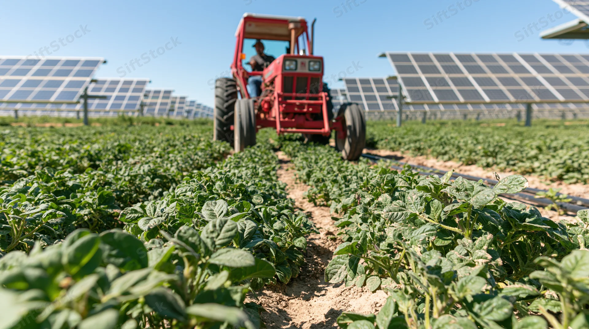 Red tractor driving between rows of green crops in a solar-powered farm field