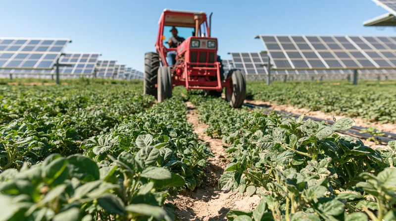 Red tractor driving between rows of green crops in a solar-powered farm field