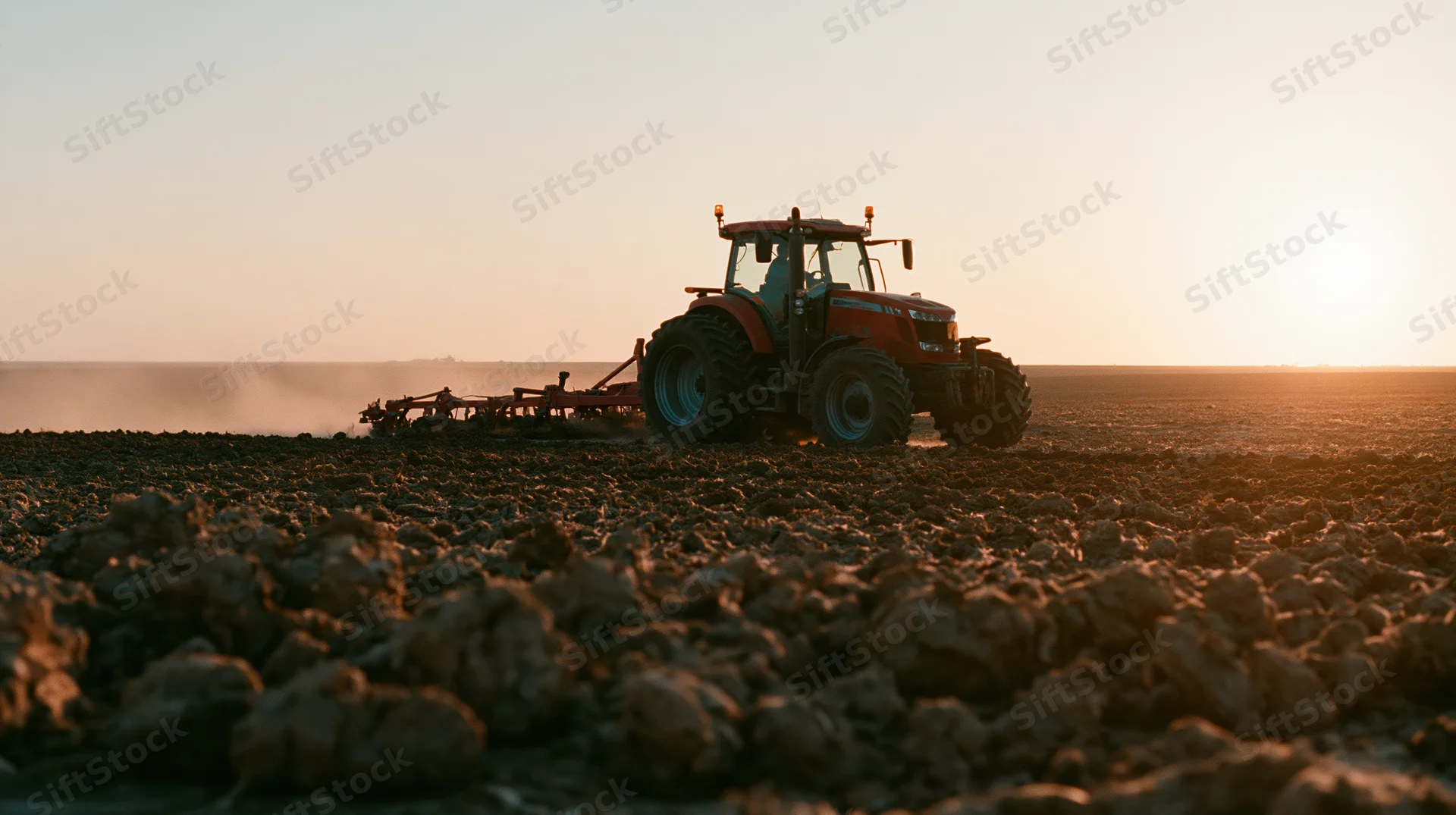 Red tractor pulling tillage implement across freshly tilled field at sunset