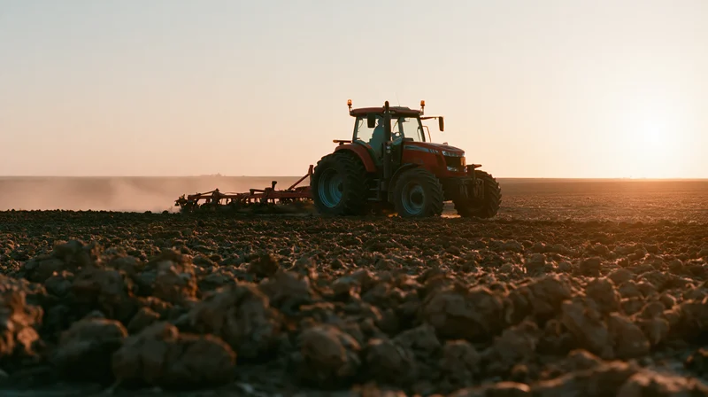 Red tractor pulling tillage implement across freshly tilled field at sunset