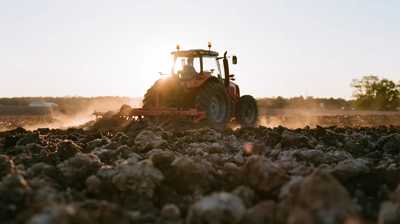 Red tractor pulling tillage implement across freshly tilled field at sunset