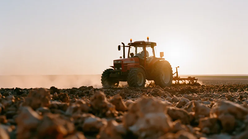 Red tractor pulling tillage implement across freshly tilled field at sunset