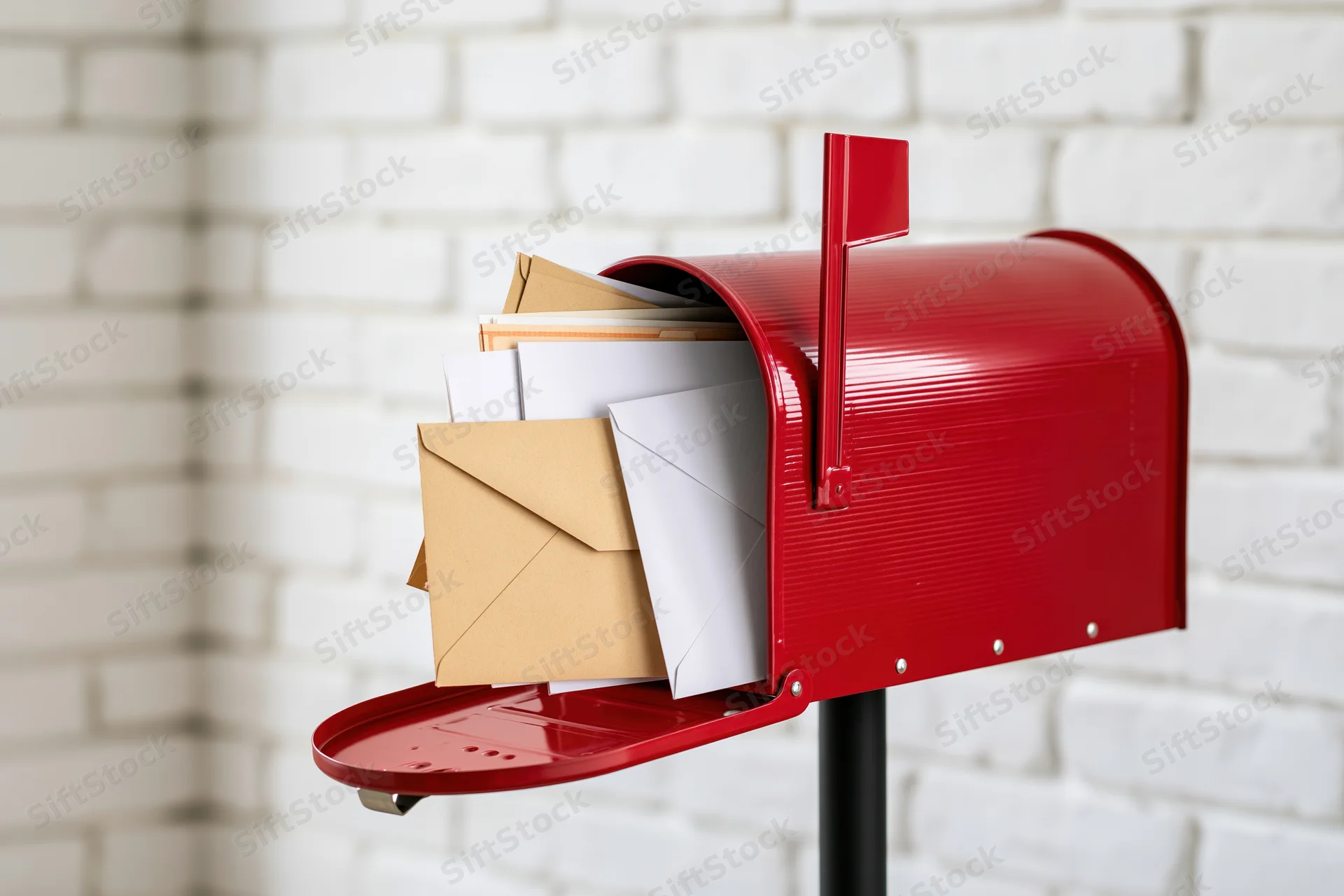 Red metal mailbox overflowing with letters and envelopes on a black post against a white brick wall