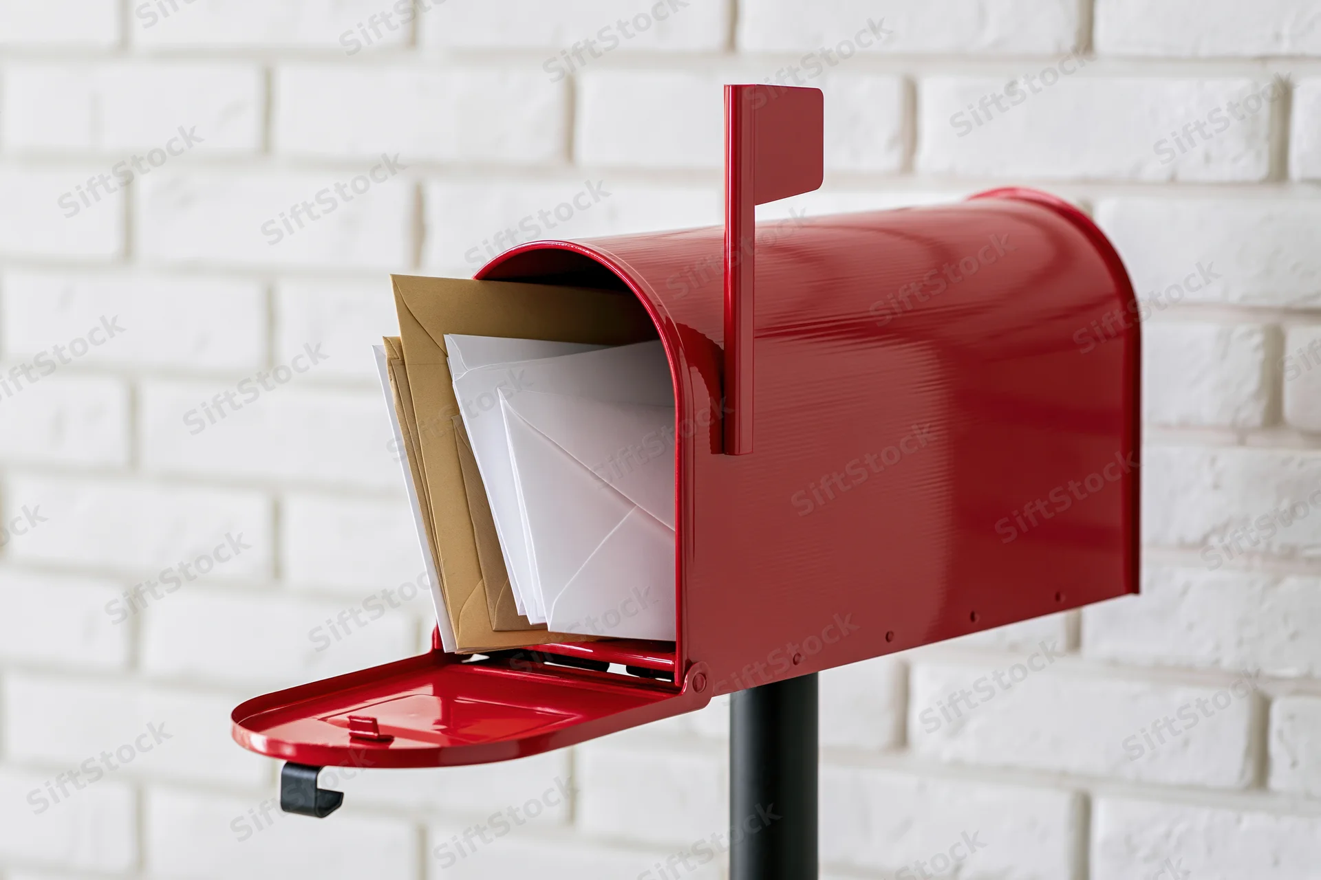 Red metal mailbox open with letters and envelopes inside against white brick wall