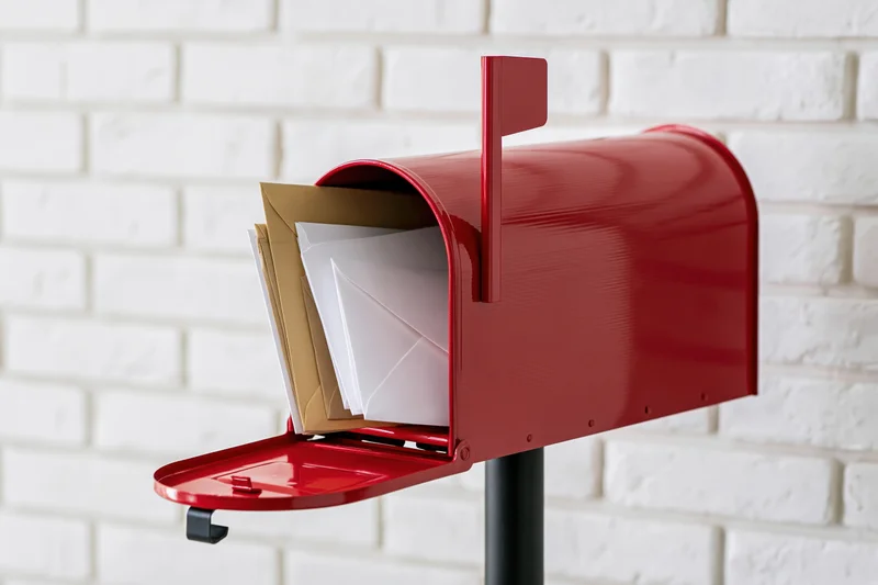 Red metal mailbox open with letters and envelopes inside against white brick wall