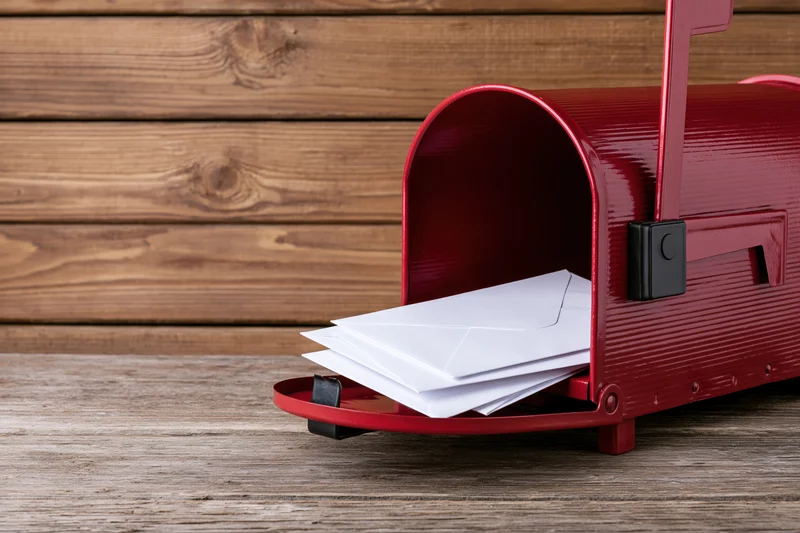 Red metal mailbox with open door and stack of white envelopes on wooden surface