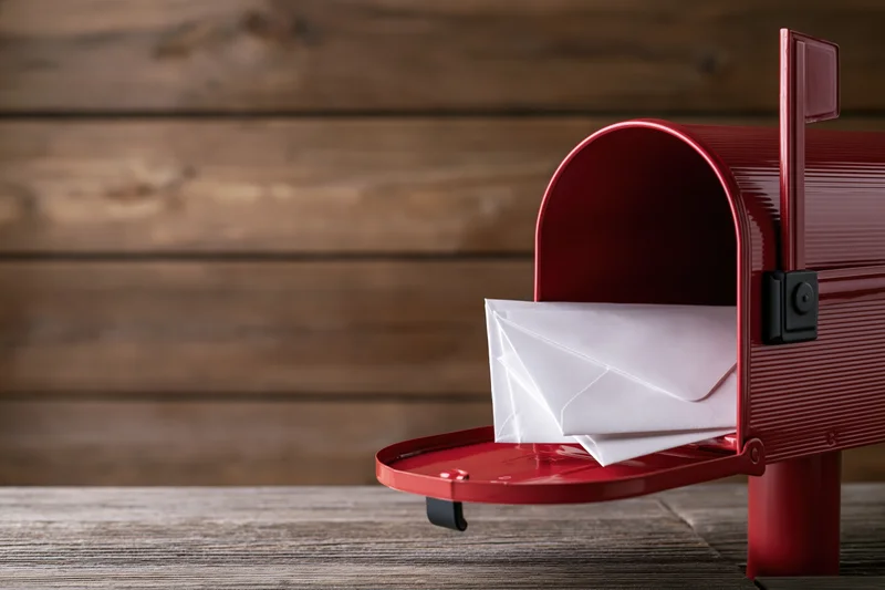 Red metal mailbox with open door and white envelope inside on wooden background