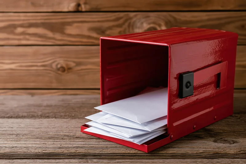 Red metal mailbox with open door revealing stacked white envelopes on wooden surface