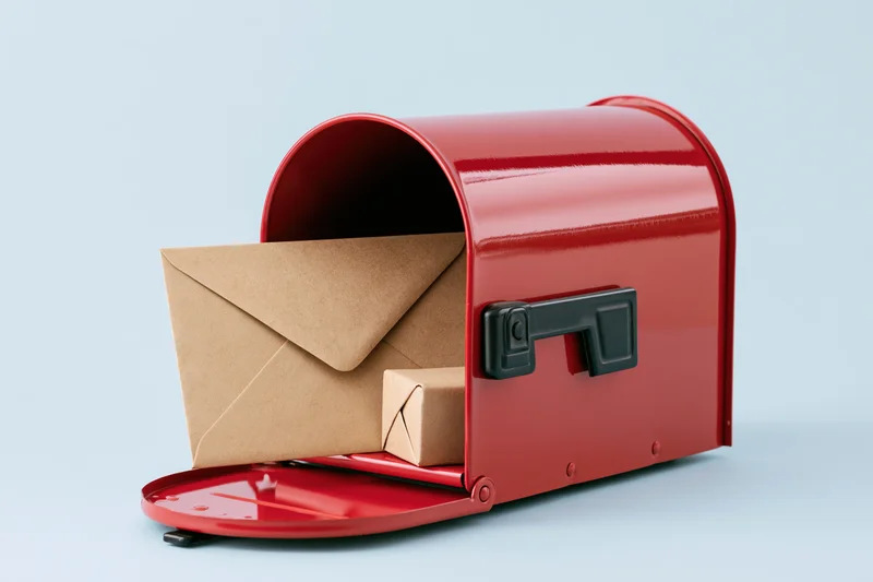 Red metal mailbox with open door holding a kraft paper envelope and small package against light blue background