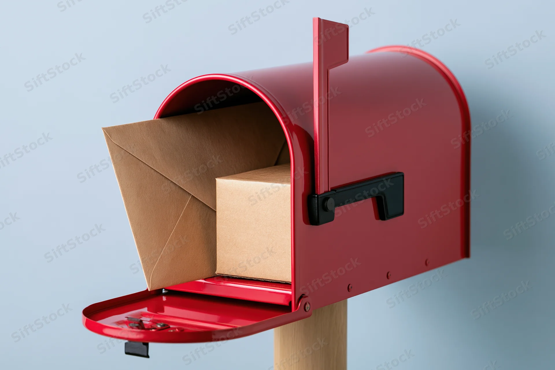 Red metal mailbox with open door holding a kraft paper envelope and cardboard box on a light blue background