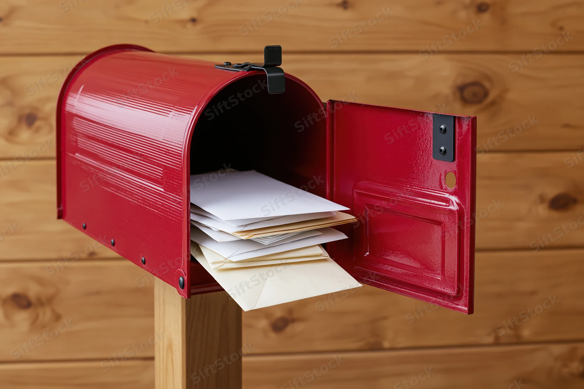 Red metal mailbox with open door revealing stack of envelopes on wooden background