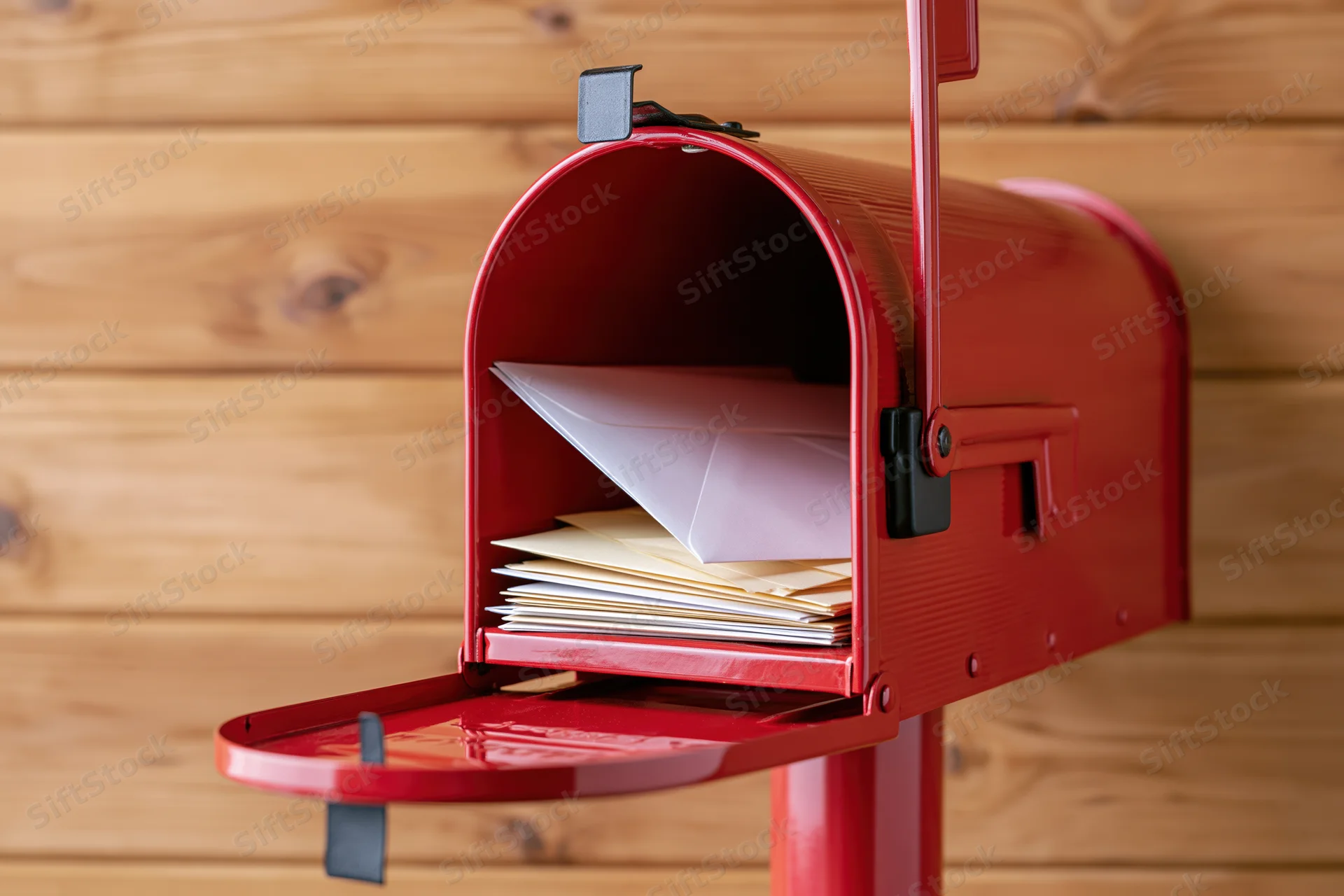 Red metal mailbox with open door revealing stack of envelopes against wooden wall