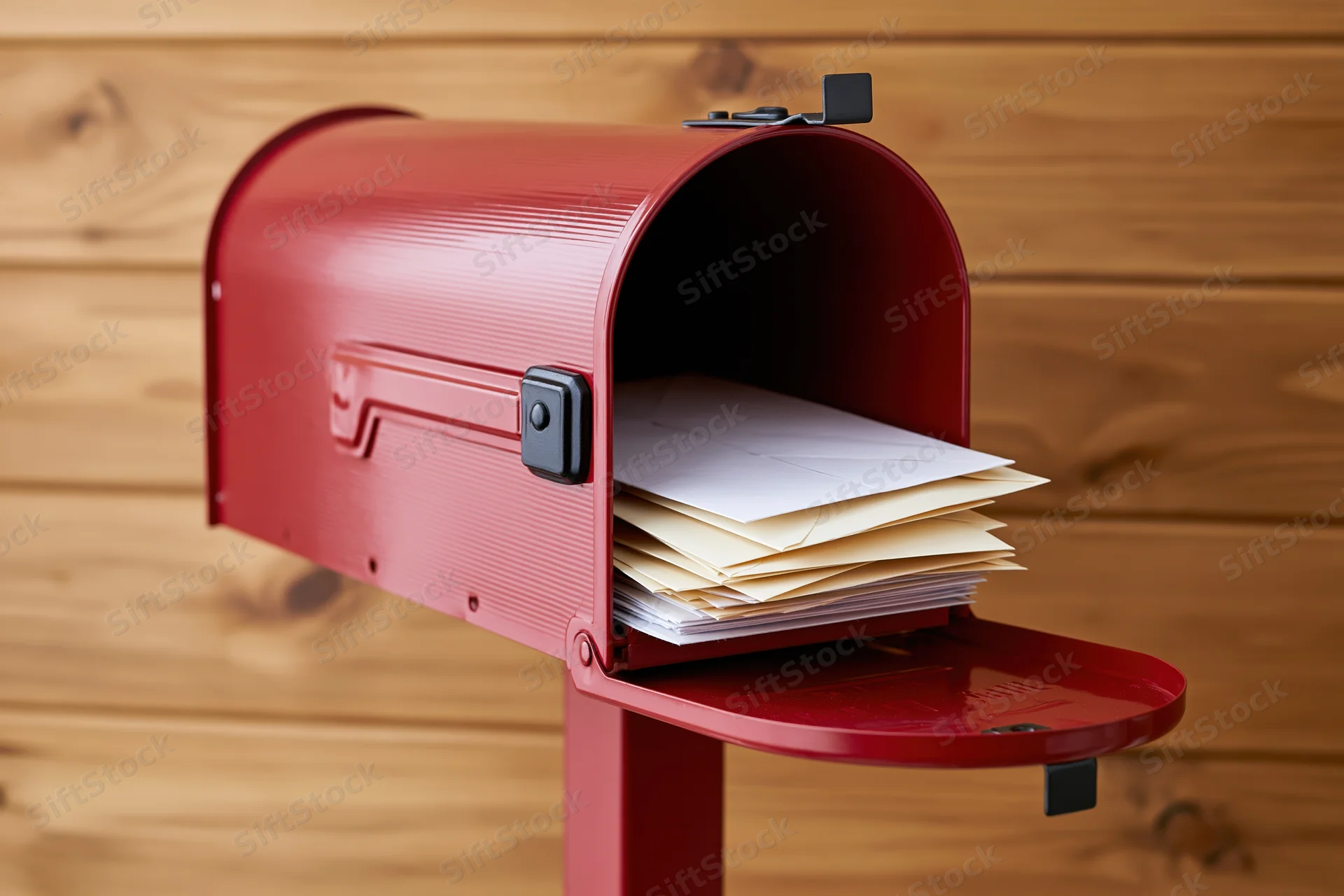 Red metal mailbox with open door revealing stack of envelopes against wooden background