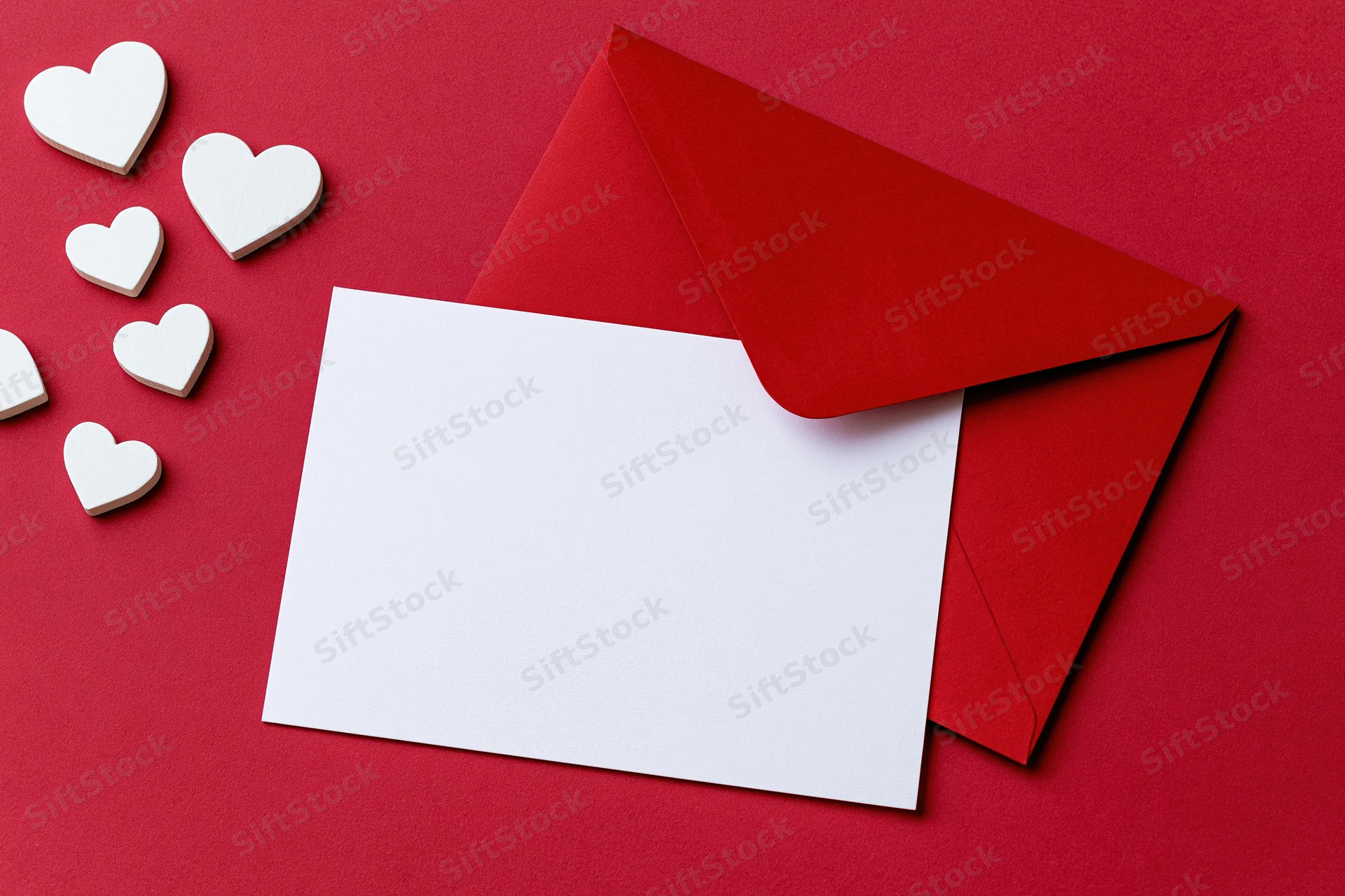 Red envelope with blank white card and wooden hearts on red surface