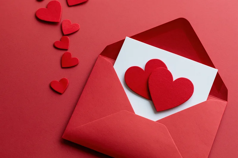 Open red envelope with heart cutouts on red background, white card inside