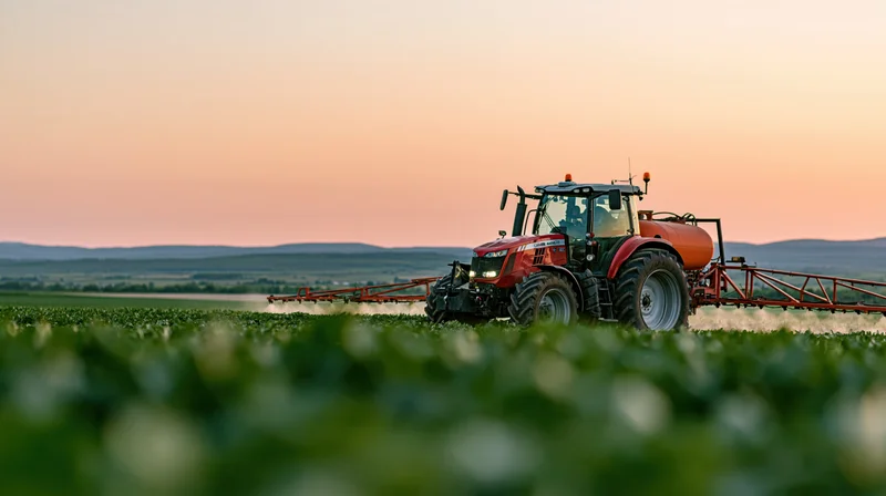 Red tractor spraying crops across a wide open farm field at sunset