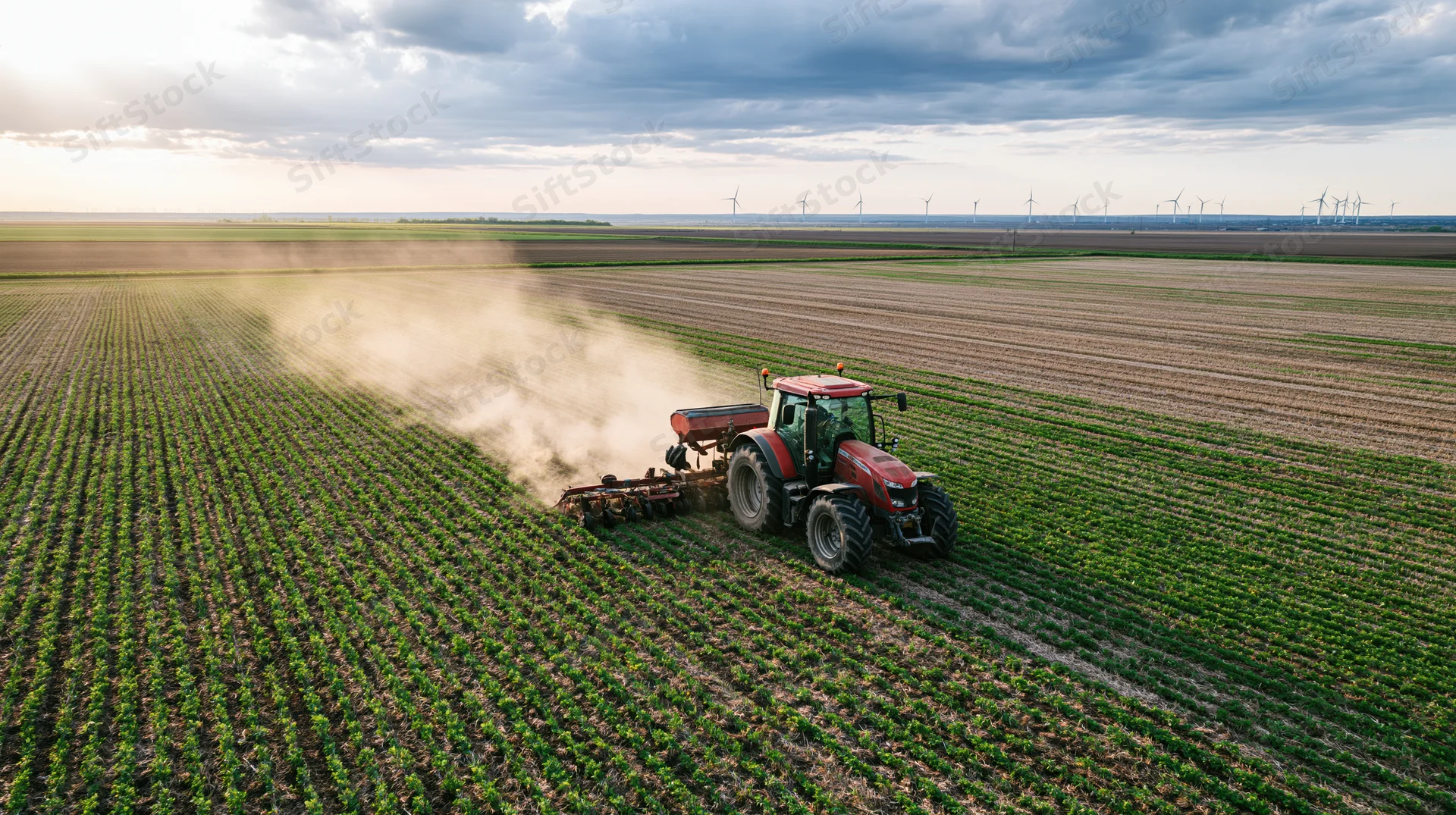 Red tractor pulling cultivator across vast field of young crops under cloudy sky