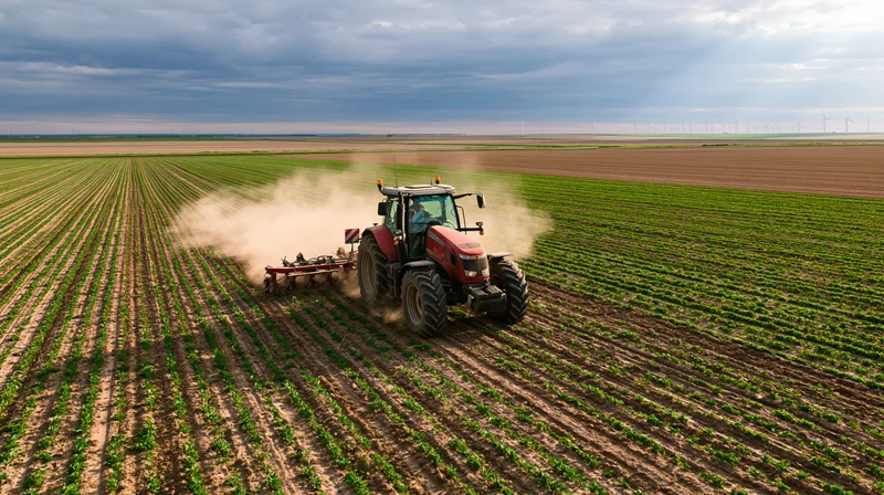 Red tractor pulling a cultivator across a vast field of young crops