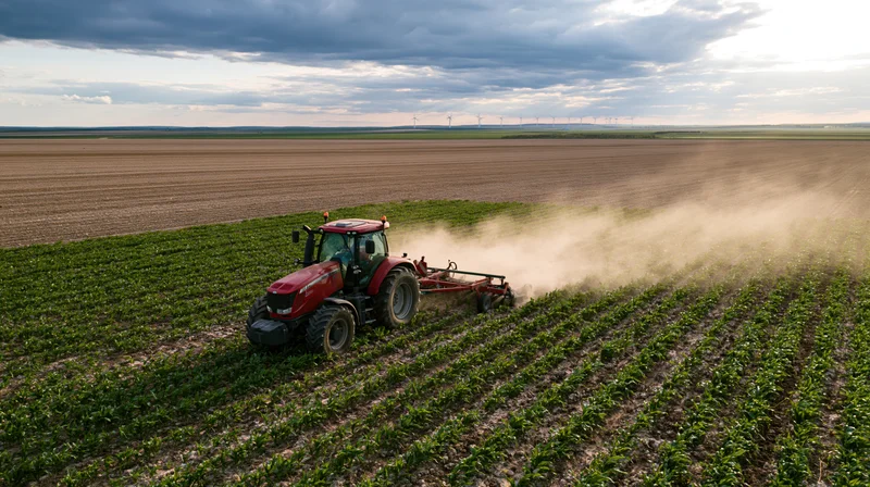 Red tractor pulling a cultivator across a field of young crops under cloudy sky