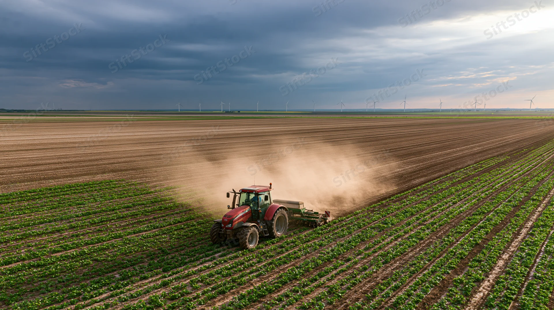 Red tractor pulling a cultivator across a vast field of young crops under cloudy sky with wind turbines in distance