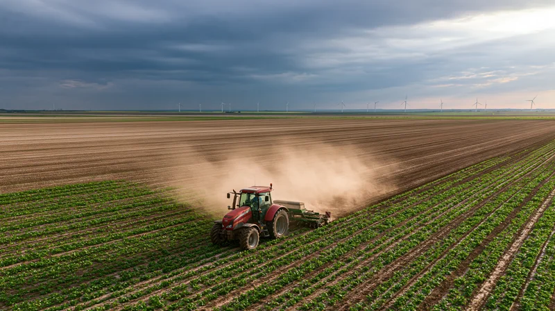 Red tractor pulling a cultivator across a vast field of young crops under cloudy sky with wind turbines in distance