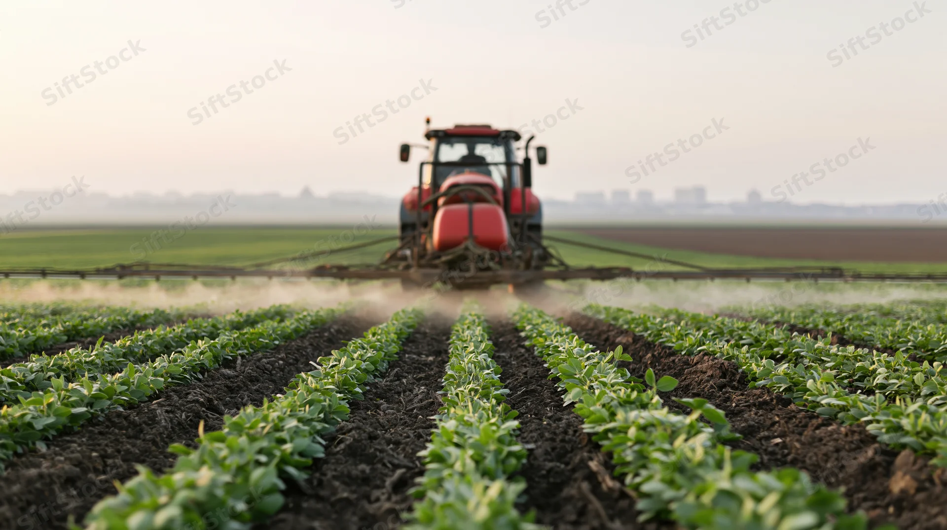 Red tractor spraying crops in rows moving away from camera across a farm field