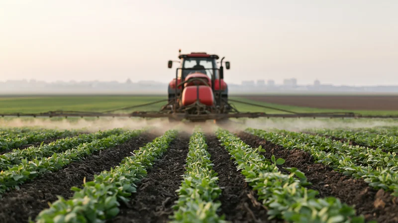 Red tractor spraying crops in rows moving away from camera across a farm field