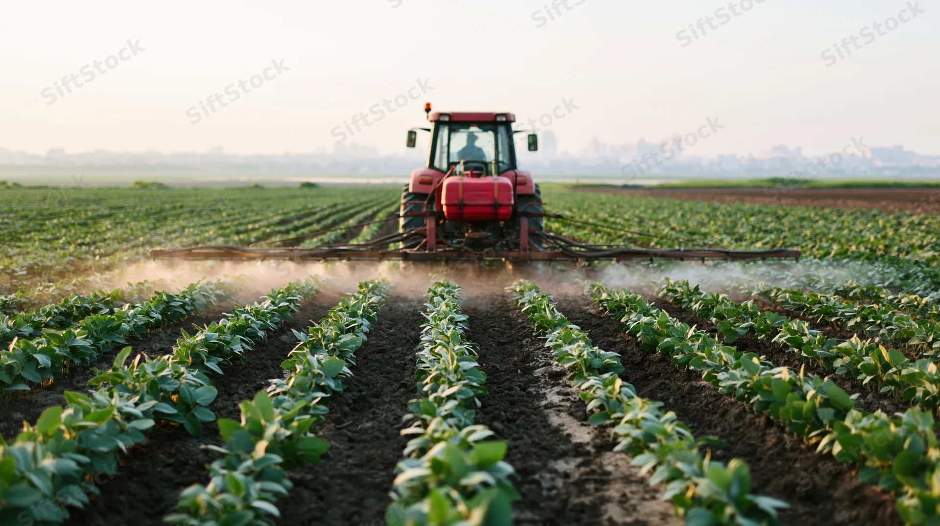 Red tractor spraying crops in rows across a field at dawn with city skyline in distance
