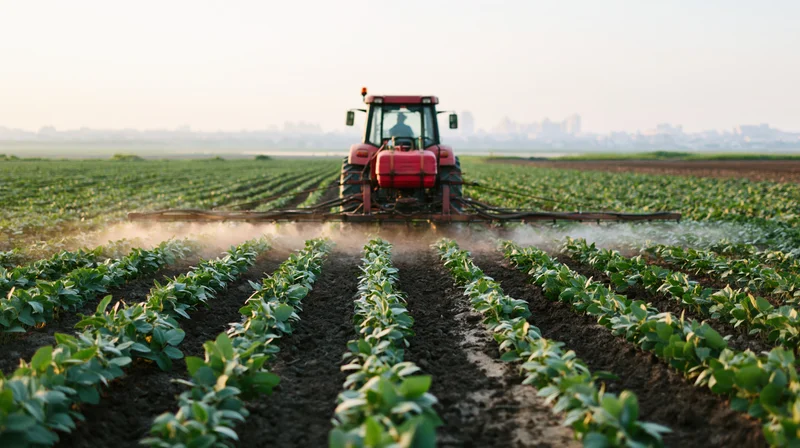 Red tractor spraying crops in rows across a field at dawn with city skyline in distance