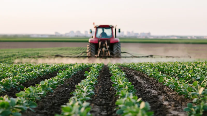 Red tractor spraying crops moving away from camera down rows in a soybean field