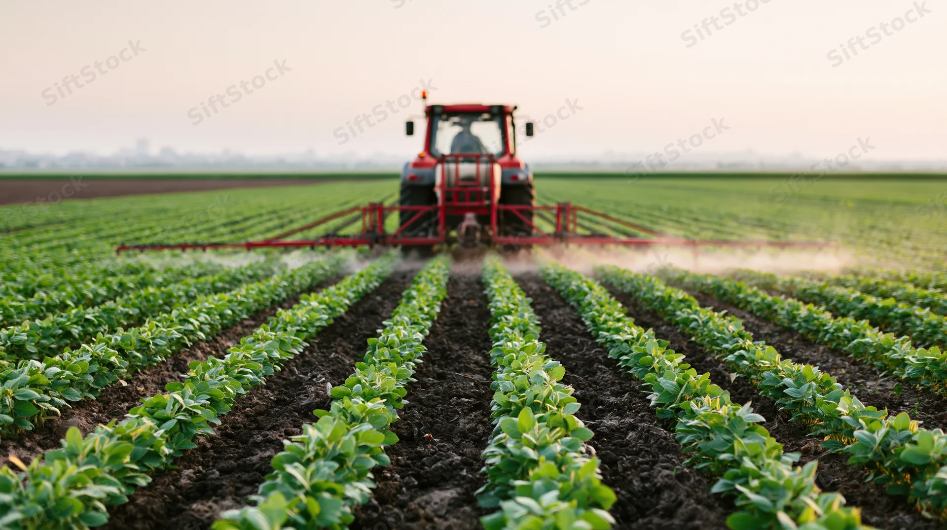 Red tractor spraying crops in rows across a field