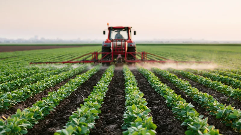 Red tractor spraying crops in rows across a field