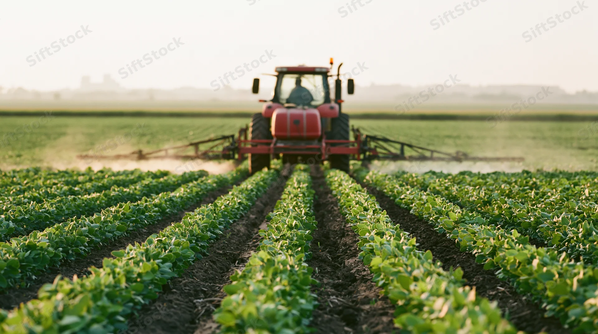 Red tractor spraying crops in rows moving away from camera across a green field