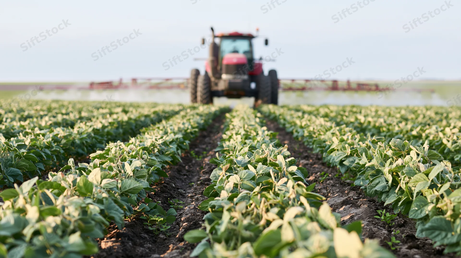Red tractor spraying pesticide across rows of soybean plants in a field