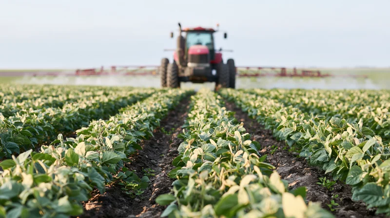Red tractor spraying pesticide across rows of soybean plants in a field
