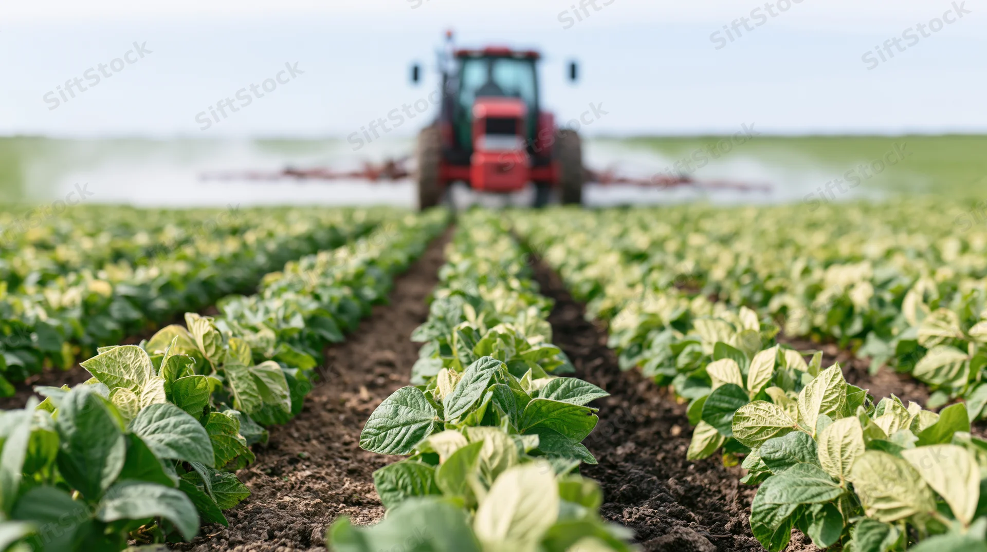 Red tractor spraying pesticide across long converging rows of soybean plants in a field