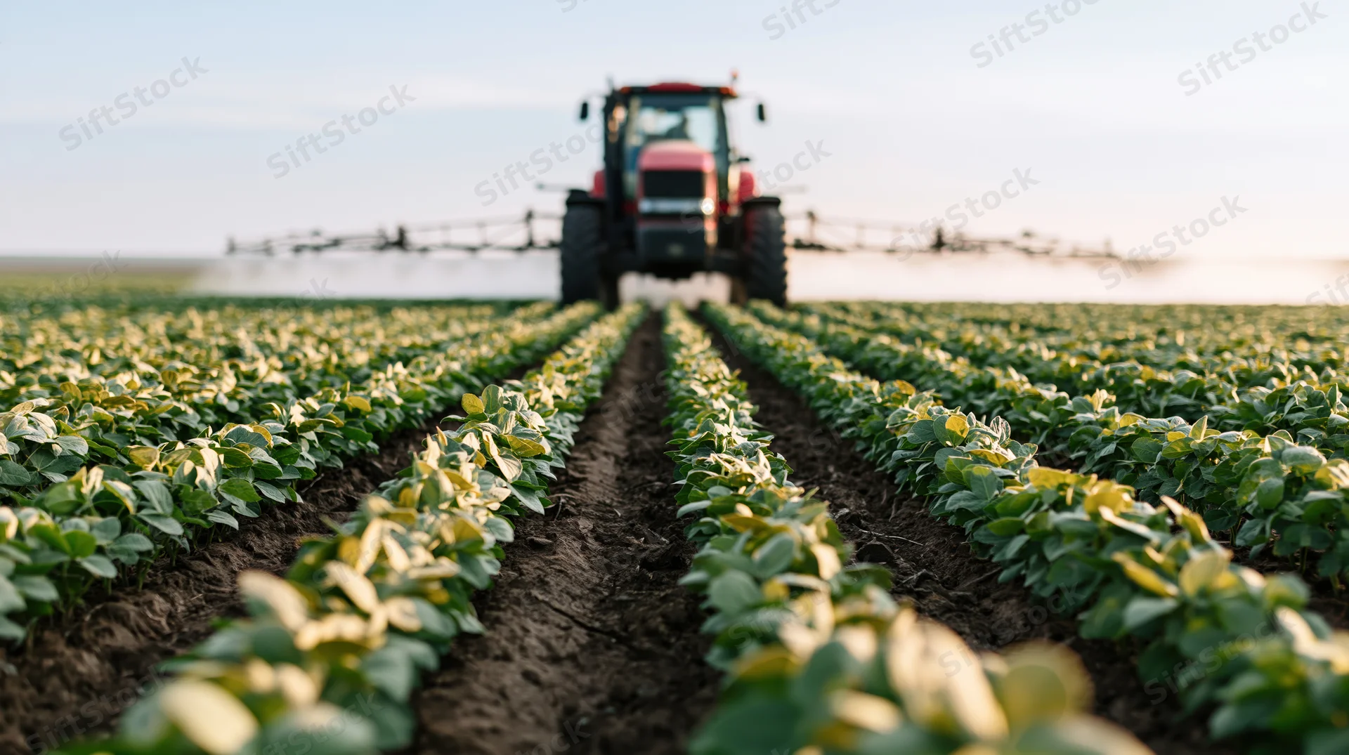 Red tractor spraying pesticide across converging rows of soybean crops in a field