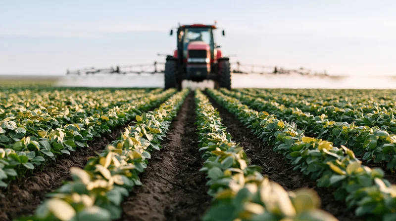 Red tractor spraying pesticide across converging rows of soybean crops in a field