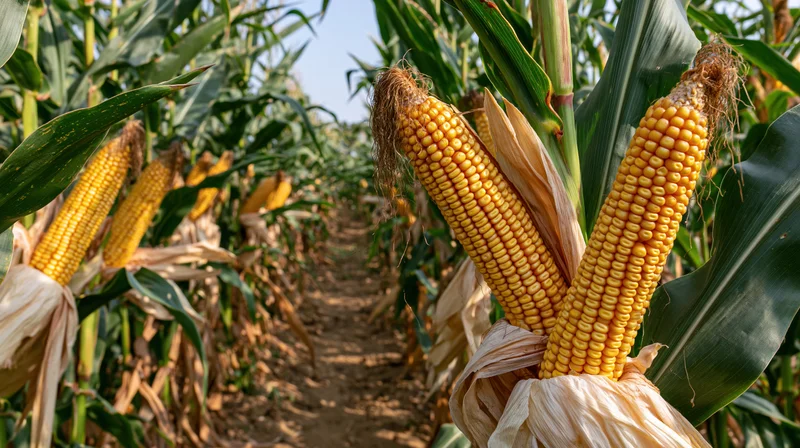 Ripe corn ears with golden kernels and dry silk tassels in a field row